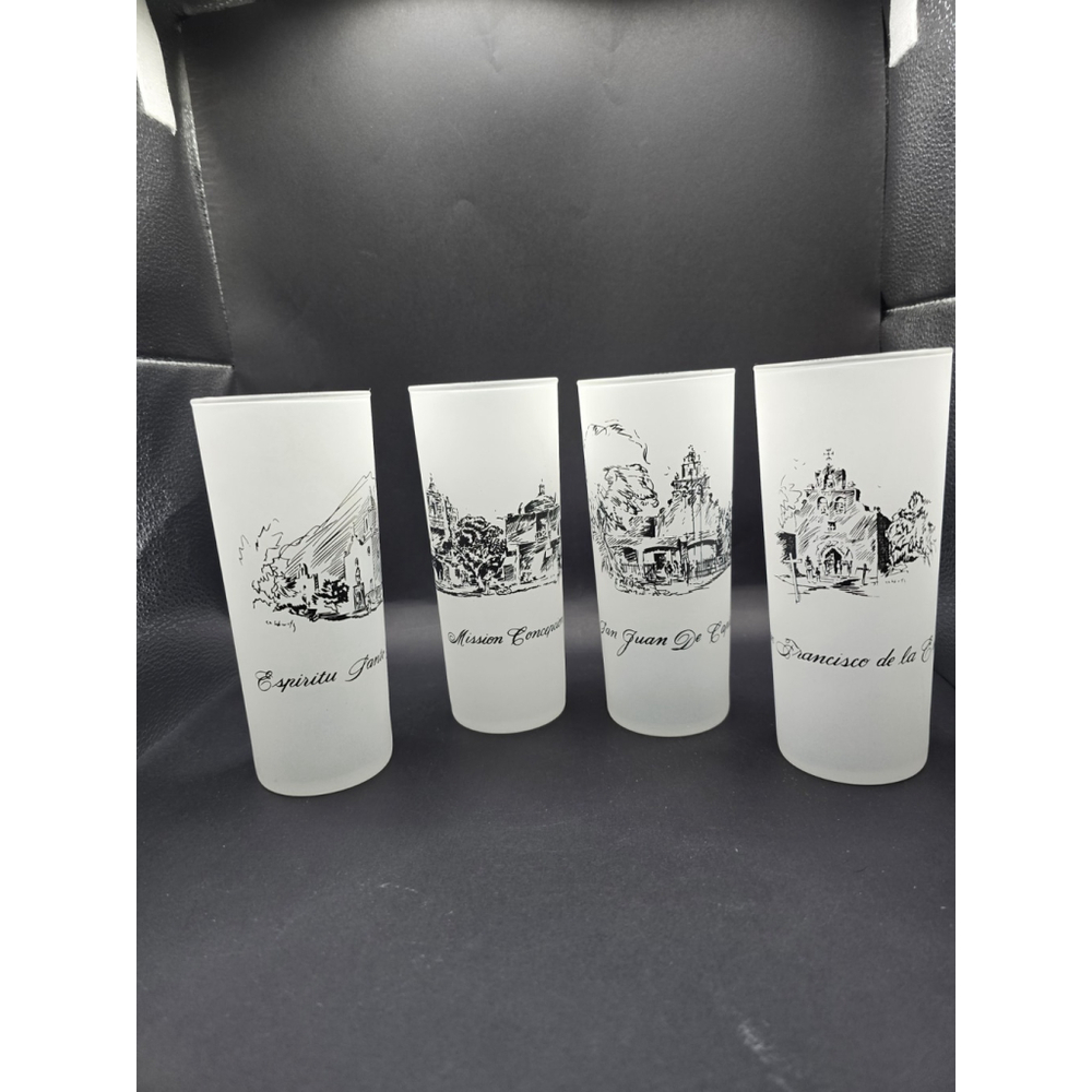 Vtg Frosted Glass Mexican Missions SOUVENIR Tumblers. Set Of 4